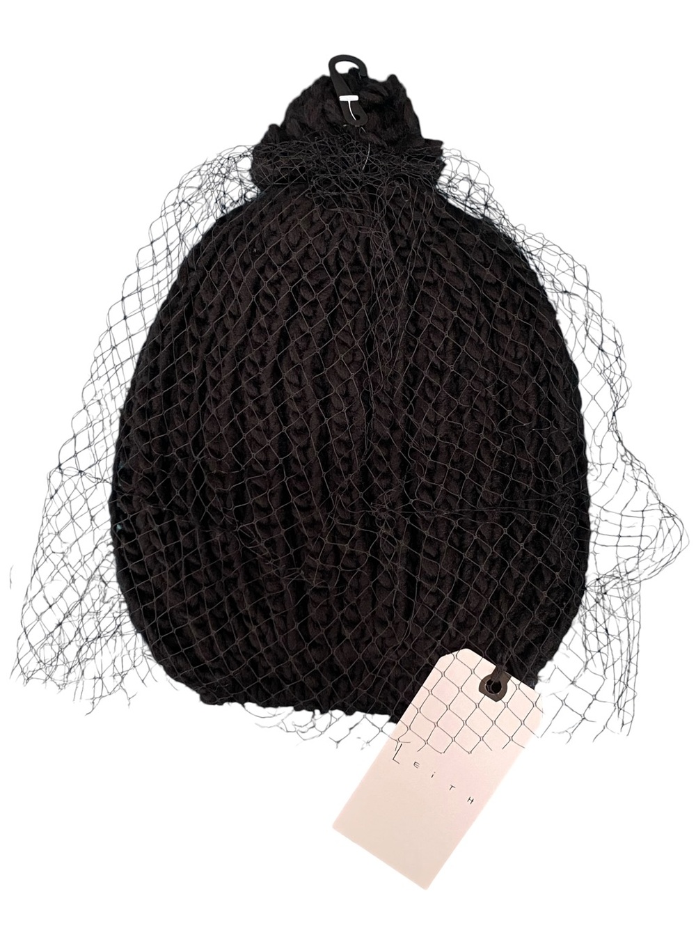NWT Leith Nordstrom Black Veil Fishnet Chunky Knit Pom Pom Beanie Winter Hat - Picture 2 of 11